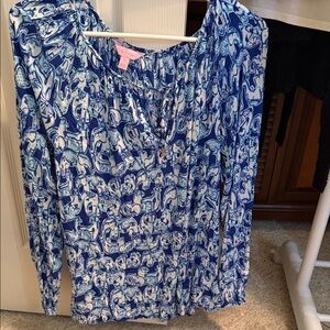 Lilly Pulitzer Willa shirt in Get Trunky Blue White Patterned Blouse